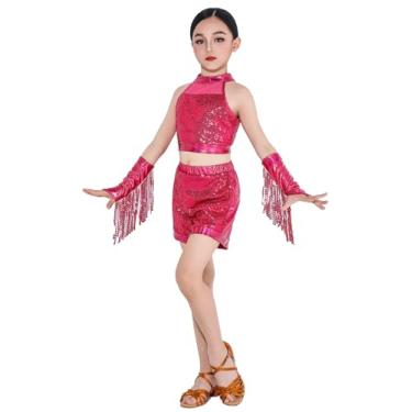 Imagem de ORIDOOR Fantasias de dança com lantejoulas, top cropped com lantejoulas, shorts de metal, roupas de dança hip-hop e jazz para meninas, Vermelho rosa, 5-6 Anos