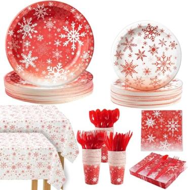 Imagem de 352 peças de pratos e guardanapos de papel de Natal, conjunto de louça descartável, conjunto de louça de floco de neve vermelho e branco, suprimentos de festa para Natal, inverno, país das maravilhas