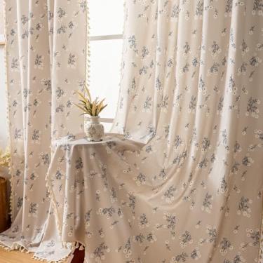 Imagem de TIVNICO Margarida Boho Cortinas para quarto de 203 cm de comprimento, 2 painéis, bordado branco e azul, cortina floral de outono, acabamento de borla, mistura de linho, rústica, berçário, cozinha
