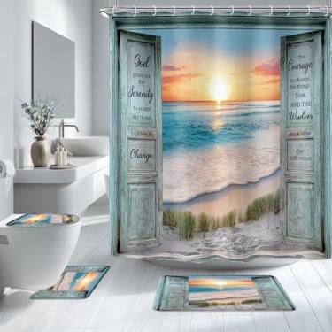 Imagem de Riyidecor Conjunto de 4 peças de cortina de banheiro com citação inspiradora, oceano, praia, pôr do sol, azul-petróleo, porta de celeiro, decoração de banheiro com tapetes e acessórios, tapete rústico