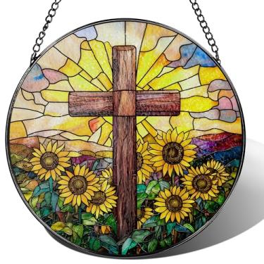 Imagem de Enfeites de apanhador de sol, girassol e cruz, vitral, enfeite de Natal, decoração de casa cristã, presente de batismo, presentes cristãos, presentes religiosos