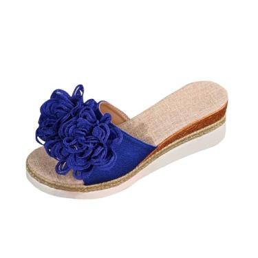 Imagem de Chinelo feminino casual verão cor sólida flor flor plataforma praia chinelos fundo grosso pacote vários tamanhos para mulheres, Azul royal, 38