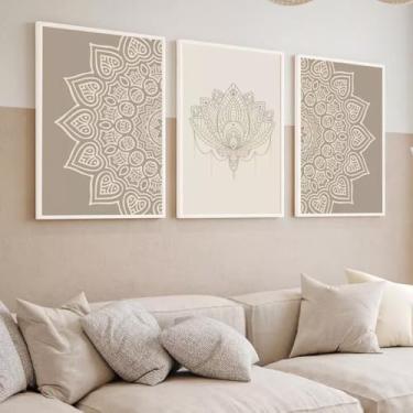 Imagem de Quadro Decorativo Abstrato mandala moderno bege clean luxo sala quarto com Moldura vidro (Moldura Bege, 60x80, Sem Vidro)