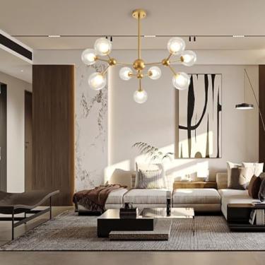 Imagem de Luminária pendente moderna estilo Sputnik com 12 lâmpadas, esfera de vidro transparente, lustre G9, estilo meados do século XX, ideal para sala de estar, cozinha, ilha, quarto e bar (G)