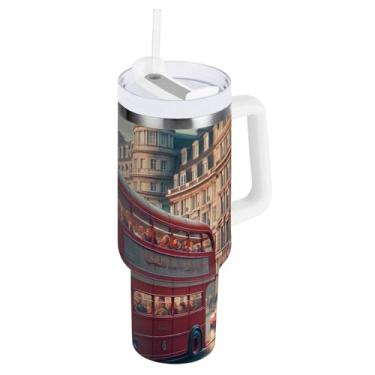 Imagem de ODAWA Copo com isolamento duplo vermelho London Bus City de 850 g com alça e canudo para viagem