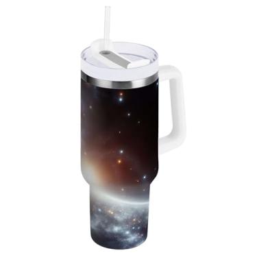 Imagem de Copos de café com isolamento duplo Galaxy Stars de 850 g com alça e canudo
