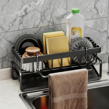 Imagem de Organizador de pia de cozinha - Suporte de esponja de aço inoxidável com barra de toalha removível, suporte de armazenamento de bancada, preto