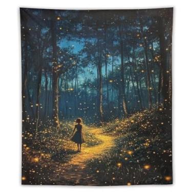 Imagem de Tapeçaria de parede Woman In Firefly Forest Path Enchanting Night Nature Decor Starry Sky Art For Bedroom Living Room Magic Boho Style Hanging Decor Cozy Whimsical Accent Tapeçaria 70 x 239 cm