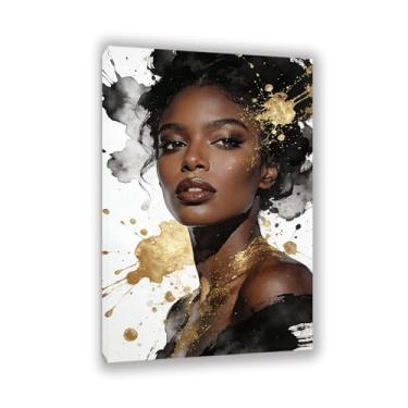 Imagem de SDYJ6GSW Retrato de mulher negra arte de parede ouro e preto afro-americano mulheres mulheres meninas afro-menina pôsteres quarto sala de estar casa escritório decoração de parede moldura 120x80cm