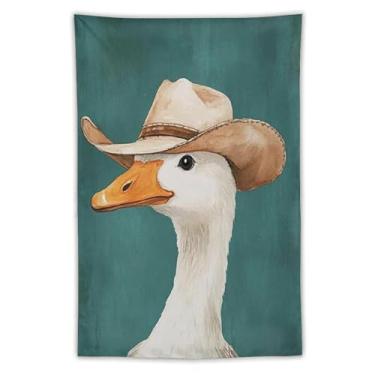 Imagem de Tapeçaria de parede de chapéu de cowboy de ganso decoração de animais de fazenda brincalhão fundo azul-petróleo rústico arte rústica para sala de estar quarto lavanderia bonito detalhe caprichoso