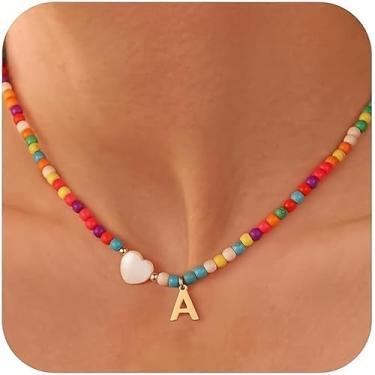 Imagem de Colar de contas coloridas com pingente de coração – Linda corrente de pingente personalizada para mulheres e meninas, joia moderna estética minimalista, One Size, Metal, Sem Pedra Preciosa