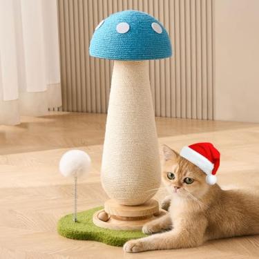 Imagem de Poste arranhador para gatos de 53 cm de altura com erva de gato, lindo cogumelo para gatos com toca-discos de madeira maciça natural durável, design em forma de cogumelo azul celeste, arranhador de