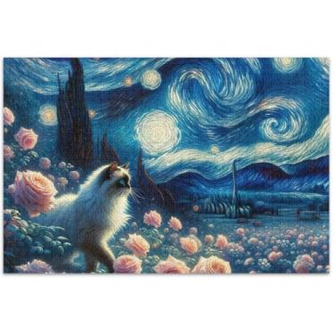 Imagem de Quebra-cabeça de gato fofo noite estrelada gatinho rosa para adultos 500 peças quebra-cabeça família amantes presentes paisagem quebra-cabeça arte brinquedo pintura, 20,5 x 14,9 polegadas