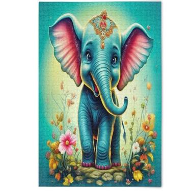 Imagem de Quebra-cabeça de animal vívido azul elefante fofo para adultos, 500 peças, presentes de jogo tecnológico, quebra-cabeças criativos para adultos, cenário estético, arte floral, 500 peças, 52 x 37,8 cm