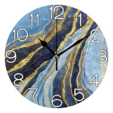 Imagem de Relógio de parede analógico decorativo redondo sem tique-taque silencioso relógio de cozinha para escritório, decoração de parede vintage, sala de estar, estética azul dourada, 25 cm, ponteiros pretos