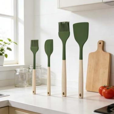 Imagem de Conjunto de 4 espátulas verdes de cozinha, utensílios de silicone antiaderentes com alça de losango, espátulas de assar e cozinhar para uso diário