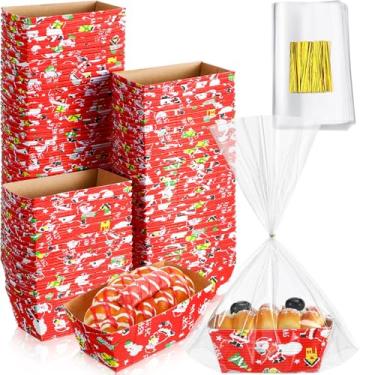 Imagem de SiliFine 100 conjuntos de mini formas de pão de papel de Natal descartáveis com 100 peças de sacos de pão transparentes com laços moldes de pão retangulares para assadeira de forno de bolo (8 x 4 x 4