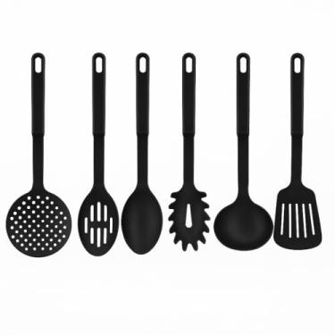 Imagem de Kit 6 Utensílios de Cozinha, Colher, Concha, Escumadeira, Espátula, Pegadores, Plástico de Alta Resistência, Preto