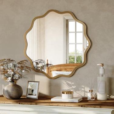 Imagem de Brightify Espelho redondo ondulado, espelhos de parede redondos de 50 cm com moldura de metal, espelho circular dourado para sala de estar, banheiro, penteadeira, quarto, entrada, lareira