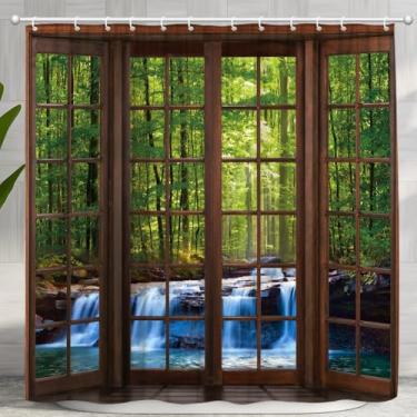 Imagem de Cortina de chuveiro cachoeira, luz solar, floresta, natureza, paisagem, verde, árvores, marrom, vista de janela, floresta tropical, paisagem, conjunto de acessórios de banheiro sazonais, tecido com