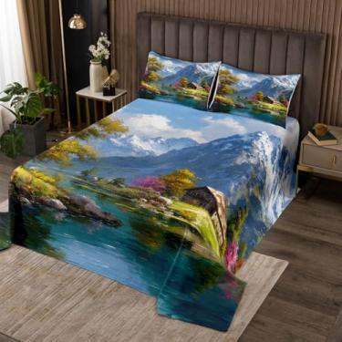 Imagem de Conjunto de colcha infantil Lake House, tamanho king, conjunto de colcha de pinheiro, montanha, rio, decoração de quarto de meninas, meninos, capa acolchoada rústica para cabana de fazenda, aventura