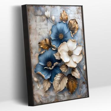 Imagem de Arte de parede em tela floral moderna azul e branco mercado de flores decoração de parede imagens fundo abstrato folha dourada impressões de pôster para sala de estar, quarto, escritório, decoração de