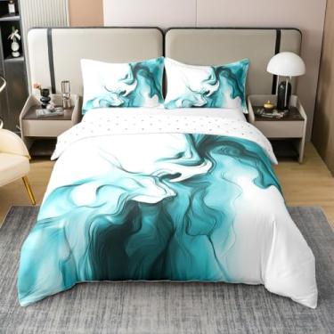 Imagem de Feelyou Capa de edredom abstrata moderna, 100% algodão, tamanho solteiro, azul-petróleo, turquesa, para meninos e meninas, capa de edredom de luxo para decoração de quarto, 2 peças, fecho de zíper com
