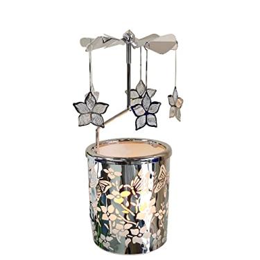 Imagem de kingnero Castiçal giratório para vela de carrossel, moinho de vento, suporte de luz de chá, castiçal de metal para decoração de casa, presentes para mãe e filho (flor bauhinia prateada)