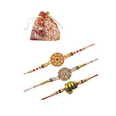 Imagem de Arvnika Pulseira Rakhi linda flor e punho de irmão, pedras multicoloridas, pulseiras de presente Raksha Bandhan Rakhi para irmão/irmão, irmã, pai, família, conjunto de 3