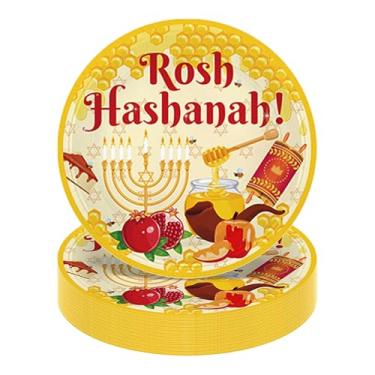 Imagem de 24 pacotes de pratos Rosh Hashaná Rosh Hashaná Pratos de papel de maçã e mel, suprimentos de pratos descartáveis de festa Shana Tova, decoarções de Ano Novo Judaico para decoração de mesa de jantar de
