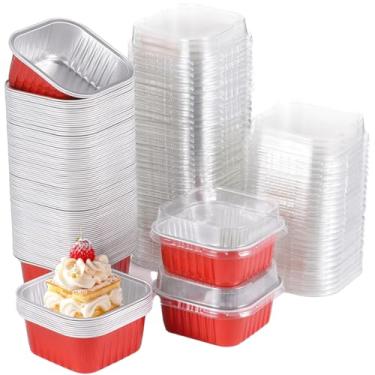 Imagem de Varku 100 peças de mini copos quadrados de 150 ml, caixas de bolo de folha de alumínio com tampas, formas de cupcake de ramequins descartáveis, recipientes individuais de sobremesa para festas
