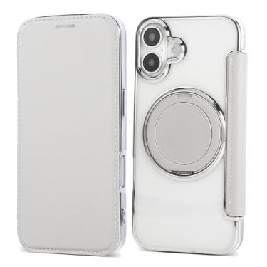 Imagem de Capa carteira para iPhone 16 com 3 compartimentos para cartão, bloqueio RFID, suporte de anel giratório de 360° e compatibilidade magnética, capa traseira transparente à prova de choque, suporta