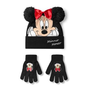 Imagem de Disney Conjunto de gorro e luvas de rato Minnie para meninas | gorro de inverno de malha preto com pompons e laço vermelho | gorro e luvas de tamanho único para crianças com rosto de personagem