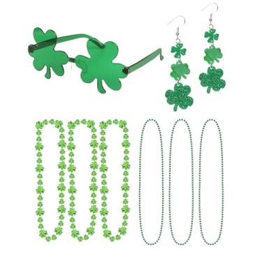 Imagem de Vermeyen Conjunto de 8 peças de acessórios de festa do dia de São Patrício com brincos de trevo de quatro folhas, colares de contas de trevo verde, óculos de sol de trevo irlandês