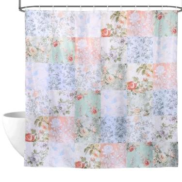 Imagem de Cortina de chuveiro floral boho patchwork, 188 x 188 cm, cortinas de chuveiro retrô floral, vintage, para banheiras, conjunto de cortina de tecido impermeável com 12 ganchos, decoração de banheiro com