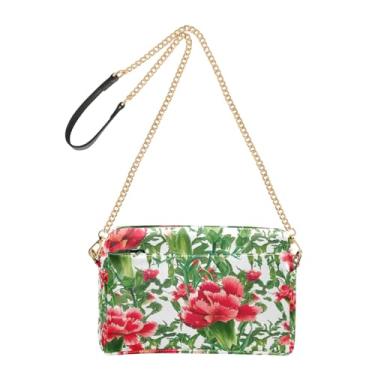Imagem de Joitme Bolsa tiracolo feminina bolsa de celular vermelha floral cravos folhas verdes couro PU alça de corrente