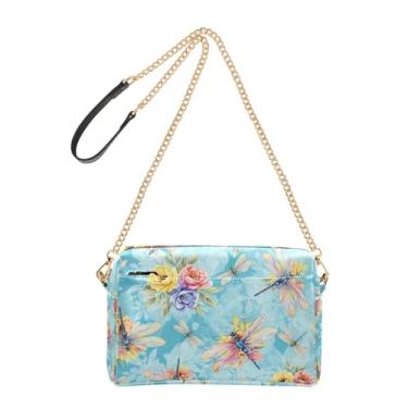 Imagem de Bolsa feminina cruzada, aquarela, libélulas, floral, para celular, bolsa de couro PU, alça de corrente