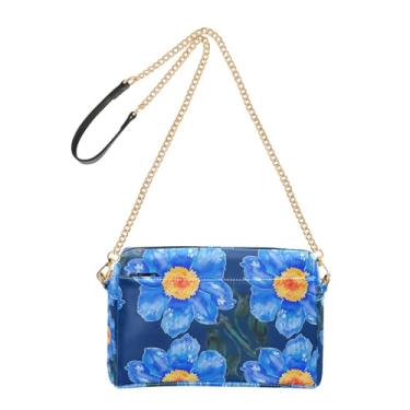 Imagem de Joitme Bolsa tiracolo feminina azul com flores em aquarela para celular, bolsa de ombro de couro sintético com alça de corrente