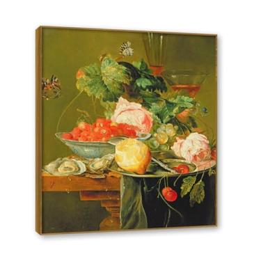 Imagem de Moldura de teca. Arte em tela floral country, pintura botânica vintage de natureza morta, decoração de parede de cozinha de fazenda emoldurada para sala de jantar. B14. 60 x 72 cm-23,6 x 28,3 pol