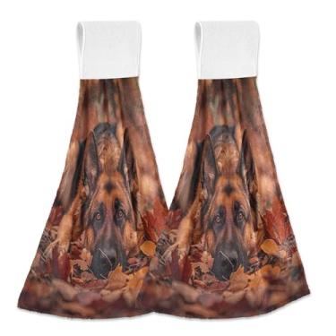 Imagem de Joitme Toalhas de mão fofas de pastor alemão para pendurar com laço, pacote com 2 panos de prato absorventes de lã coral para cozinha e banheiro com fita mágica para pendurar facilmente