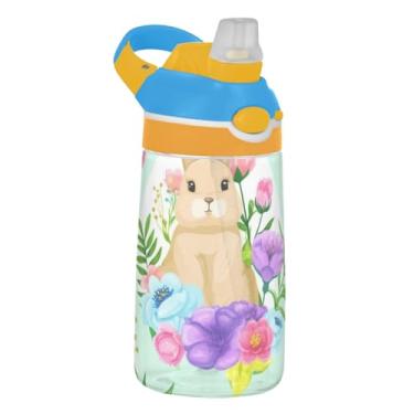 Imagem de Garrafa de água esportiva infantil Tritan de 473 ml com tampa de canudo Garrafa de água portátil para escola à prova de vazamento copo infantil de 473 ml, alça de transporte, lindos coelhinhos florais