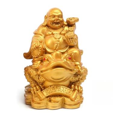 Imagem de FENNYYAR Estátua de sapo Feng Shui Maitreya Buda, 12 cm, 12 cm, estilo chinês, dourado, decoração de mesa para escritório em casa