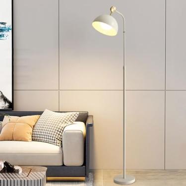 Imagem de Luminária de chão branca e creme, em metal resistente à ferrugem, moderna e minimalista, com cabeça ajustável, ideal para leitura em ambientes internos, como sala de estar e quarto.