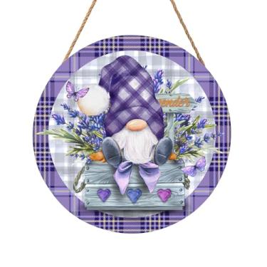 Imagem de Gnomo de primavera placa de flor de lavanda para porta da frente 30,48 cm x 30,5 cm cabide de porta de madeira xadrez roxo de verão para exterior varanda primavera verão grinalda de madeira para