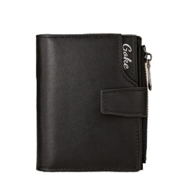 Imagem de Carteira masculina de couro curta com zíper, design compacto preto elegante (preto)