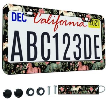 Imagem de 1 peça de moldura de placa de licença para mulheres, molduras decorativas de carro femininas, suporte de capa de placa de carro com etiqueta de chaveiro de carro dupla face (para cavalos brancos e