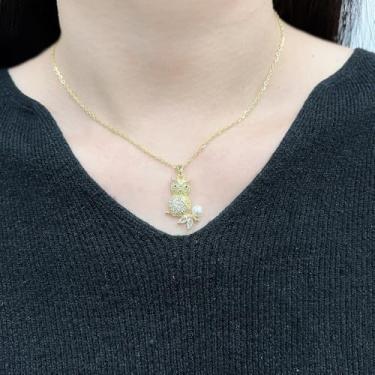 Imagem de Colar com pingente de animal de coruja de cristal banhado a ouro moderno CZ folha pássaro bola branca pingentes elos gargantilha corrente colar ajustável aniversário festa festa joia 45,7 cm