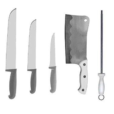 Imagem de Kit Faca Açougue Churrasco Cozinha 6" 8" 12" + Cutelo 7" + Chaira 12 Cabo Branco