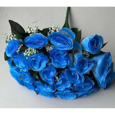 Imagem de Rosa Artificial Decorativa com 24 Flores – Buquê para Arranjos, Festas, Casamento e Decoração de Interiores(Azul Claro C/Fundo Branco,Unidade)