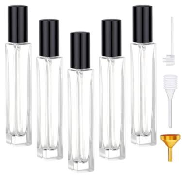Imagem de Segbeauty Frasco de vidro transparente de 9,6 g vazio, 5 frascos recarregáveis de perfume com tampa preta, atomizador de colônia de névoa fina de 10 ml com kit de refil de perfume, mini pulverizador